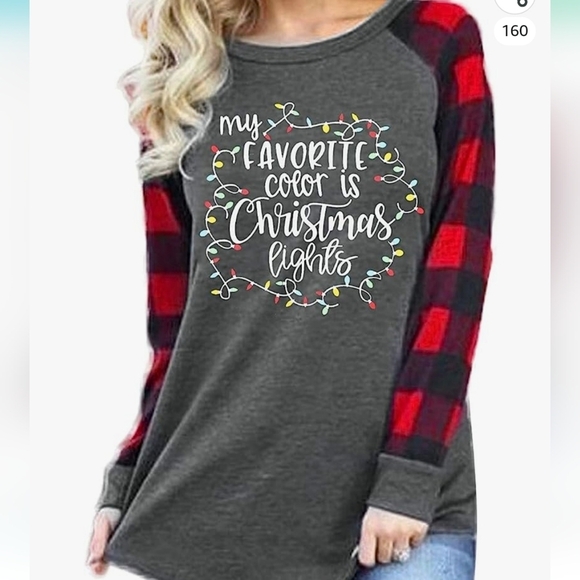 My Favorite Color is Christmas Lights Gray LS Plaid Sleeved T-Shirt Size M - Picture 1 of 9